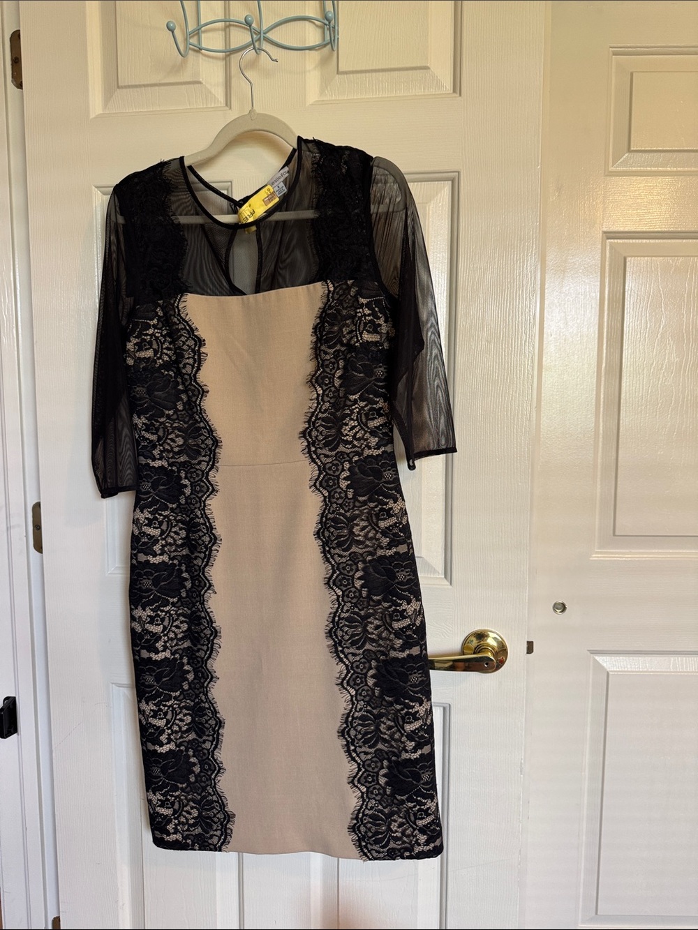 Leslie Fay Black Lace-Trim Midi Dress with Cream Panel